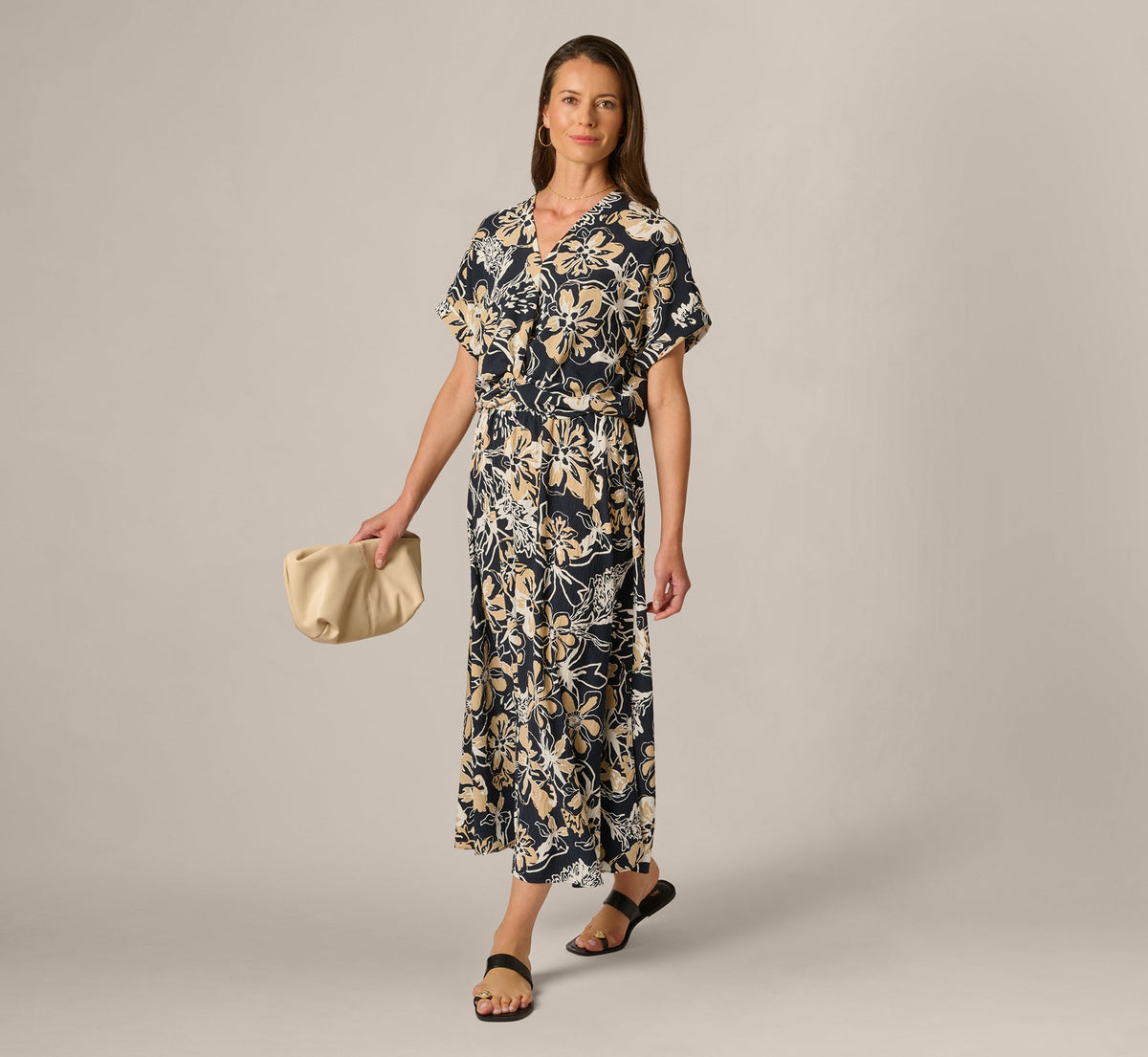 Ankle Length A Line Midi Skirt - Navy Ivory Whimsical Floral | Adrianna Papell
