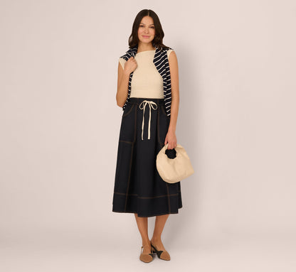 Contrast Stitching Drawstring Midi Skirt - Navy Khaki | Adrianna Papell