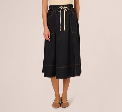 Contrast Stitching Drawstring Midi Skirt - Navy Khaki | Adrianna Papell