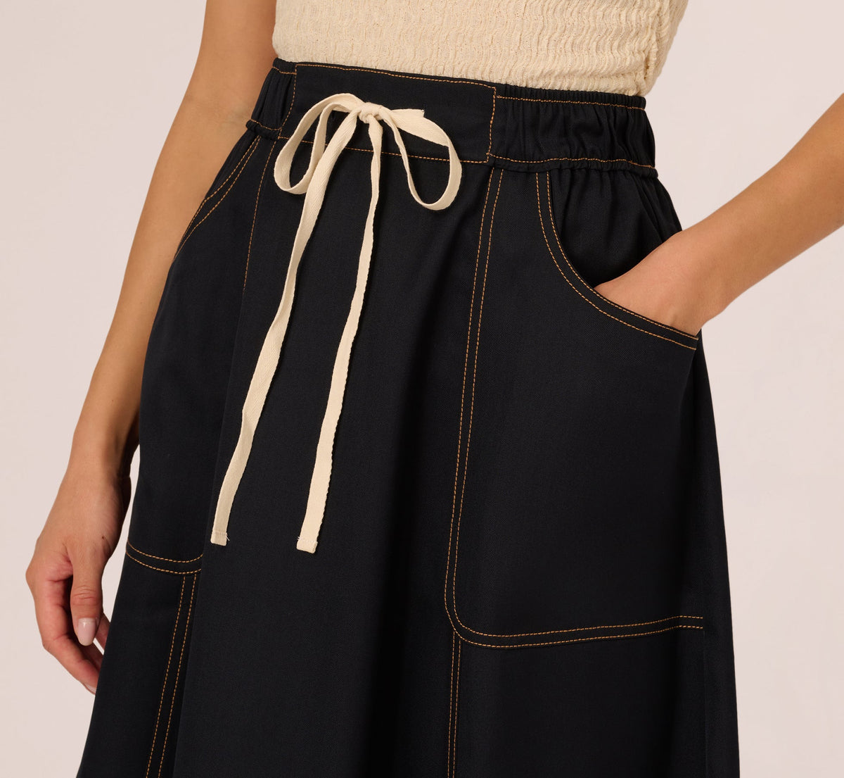 Contrast Stitching Drawstring Midi Skirt - Navy Khaki | Adrianna Papell