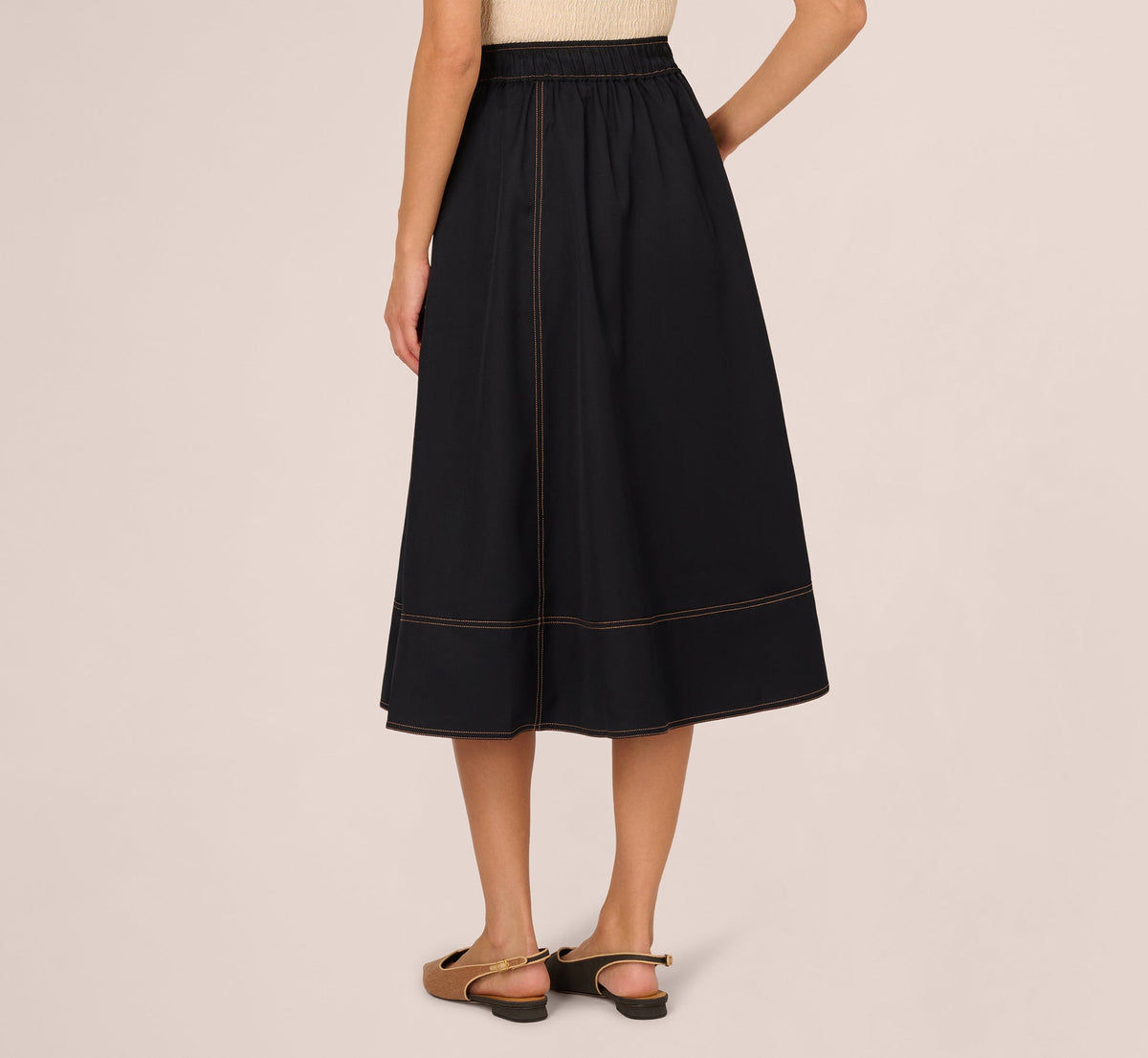 Contrast Stitching Drawstring Midi Skirt - Navy Khaki | Adrianna Papell