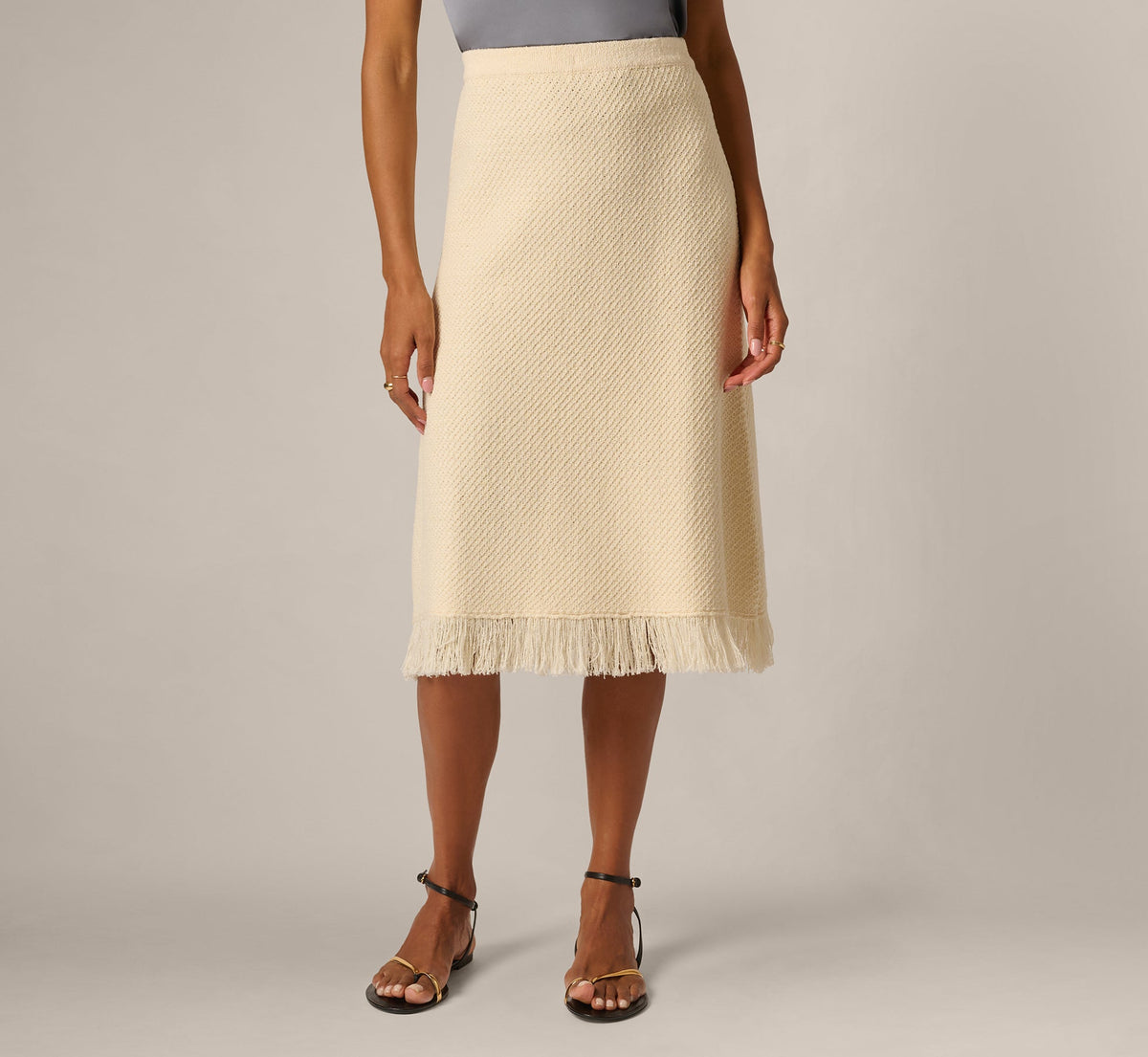 Textured Knit Fringe Midi Skirt - Cream | Adrianna Papell