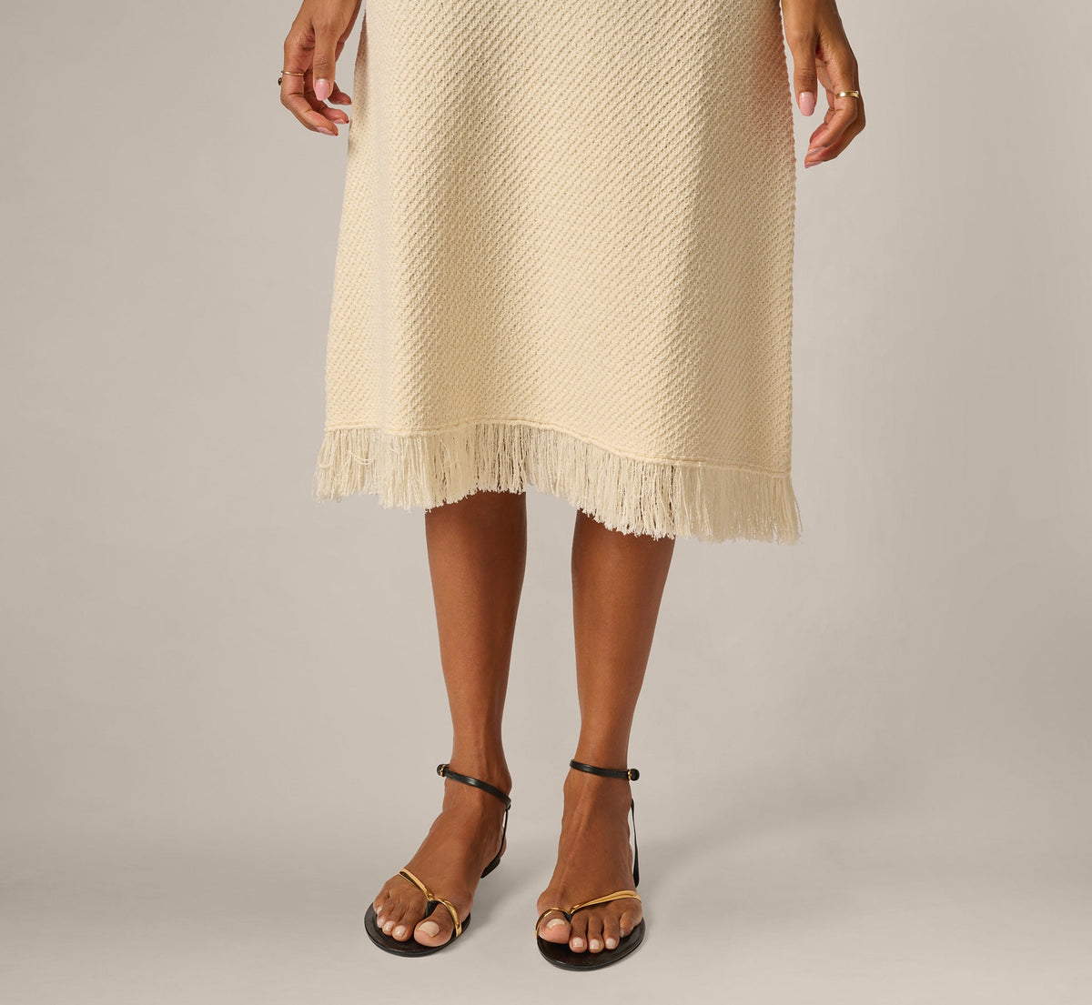 Textured Knit Fringe Midi Skirt - Cream | Adrianna Papell