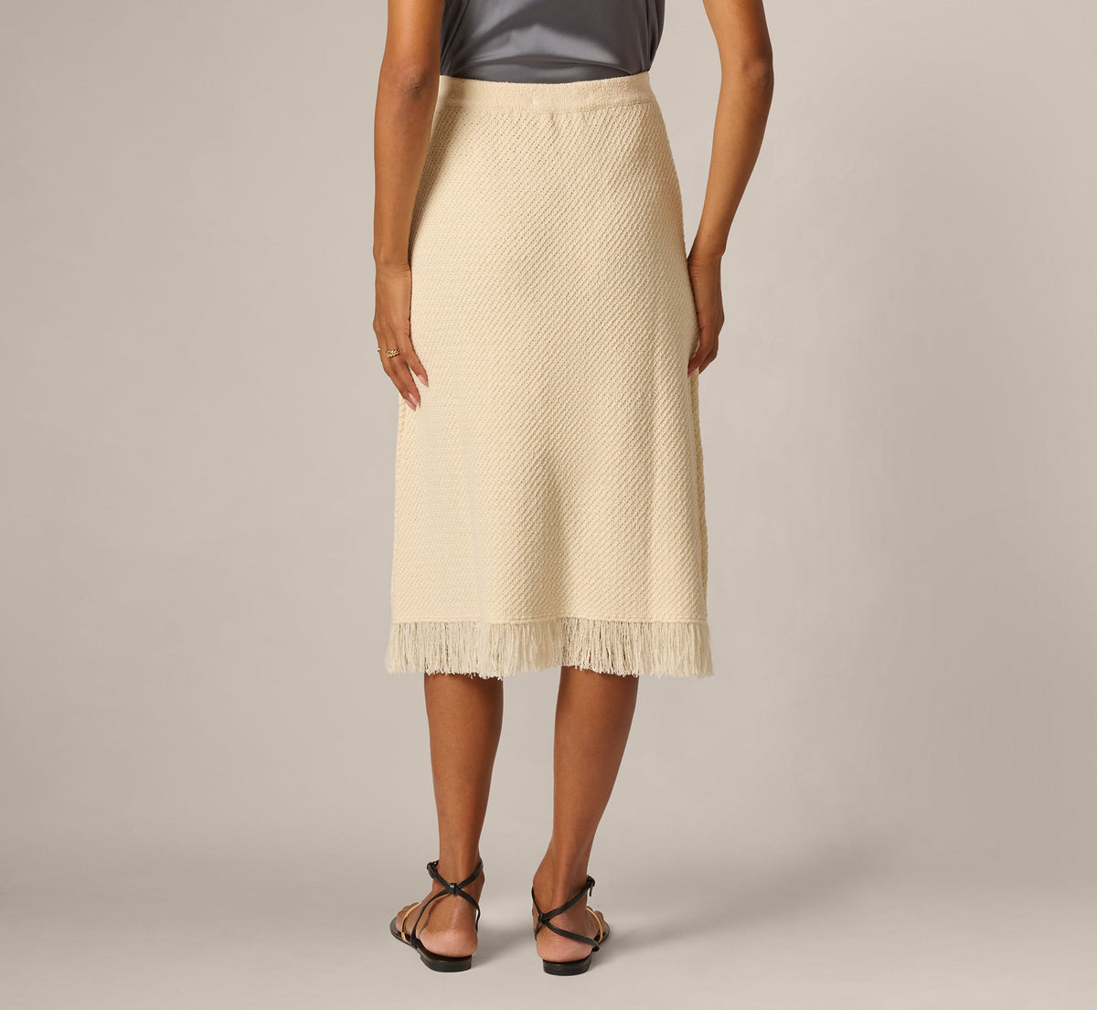 Textured Knit Fringe Midi Skirt - Cream | Adrianna Papell