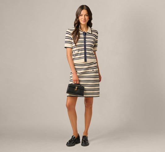 Textured Knit Short Drawstring Skirt - Cream Navy | Adrianna Papell