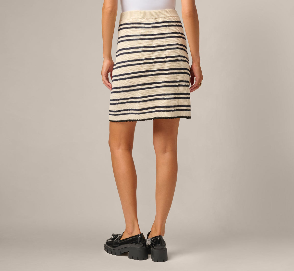 Textured Knit Short Drawstring Skirt - Cream Navy | Adrianna Papell