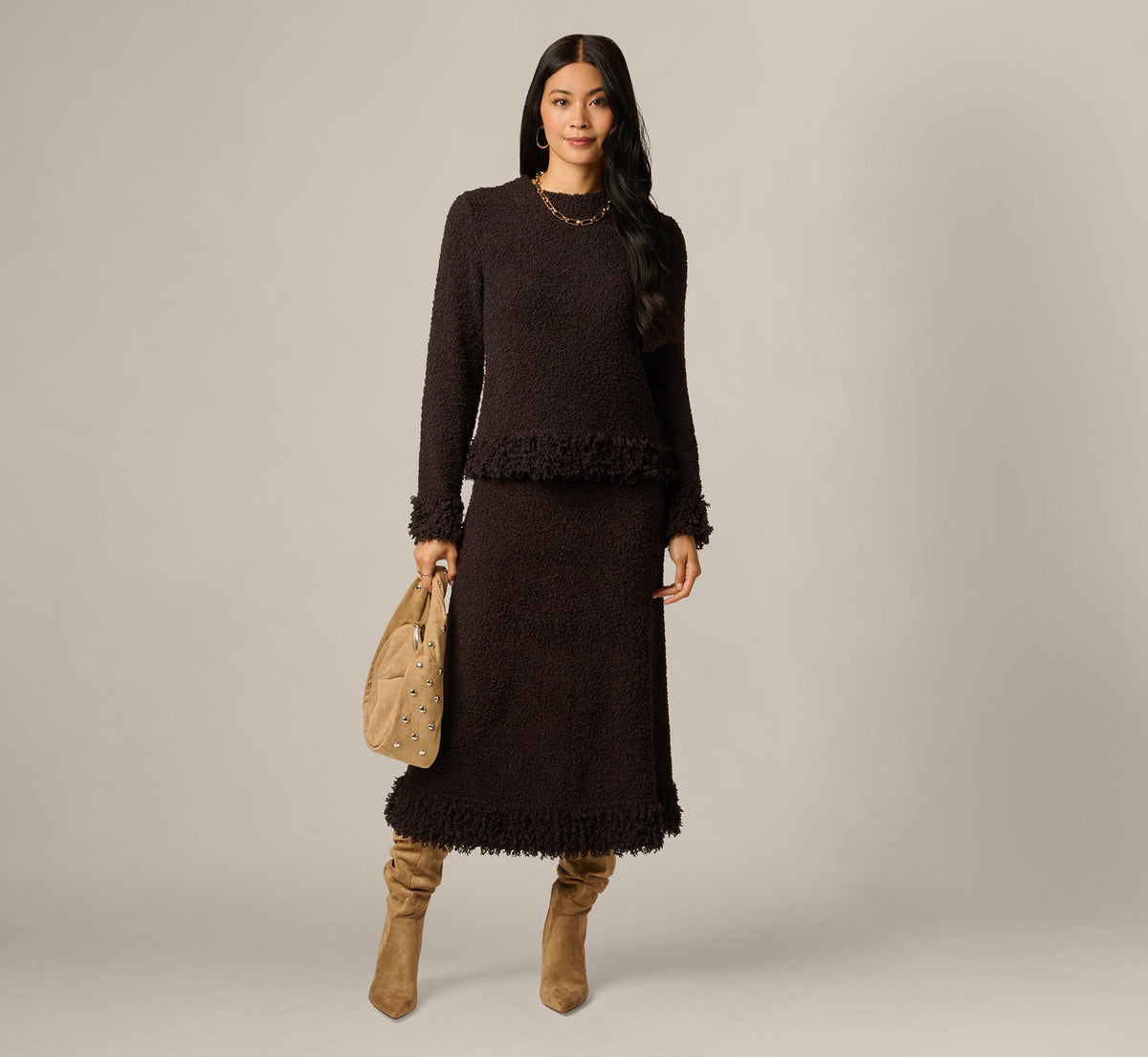 Fuzzy Fringe Hem Sweater Knit Midi Skirt - Dark Roast | Adrianna Papell