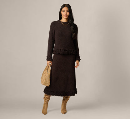 Fuzzy Fringe Hem Sweater Knit Midi Skirt - Dark Roast | Adrianna Papell