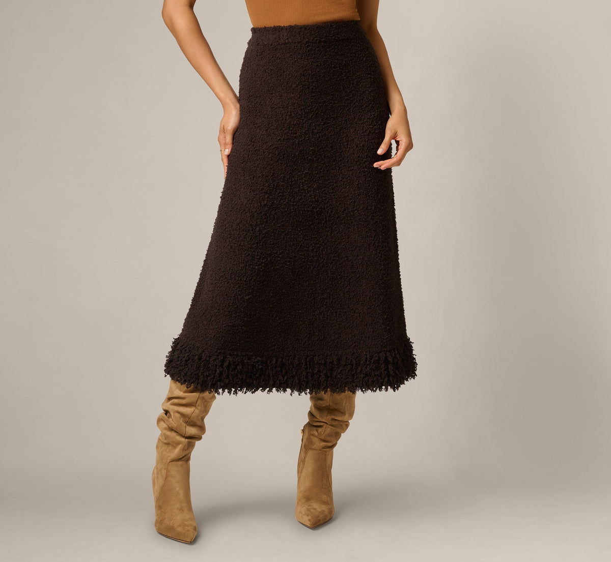 Fuzzy Fringe Hem Sweater Knit Midi Skirt - Dark Roast | Adrianna Papell