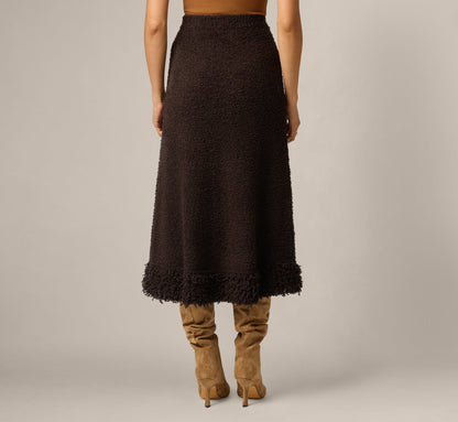Fuzzy Fringe Hem Sweater Knit Midi Skirt - Dark Roast | Adrianna Papell