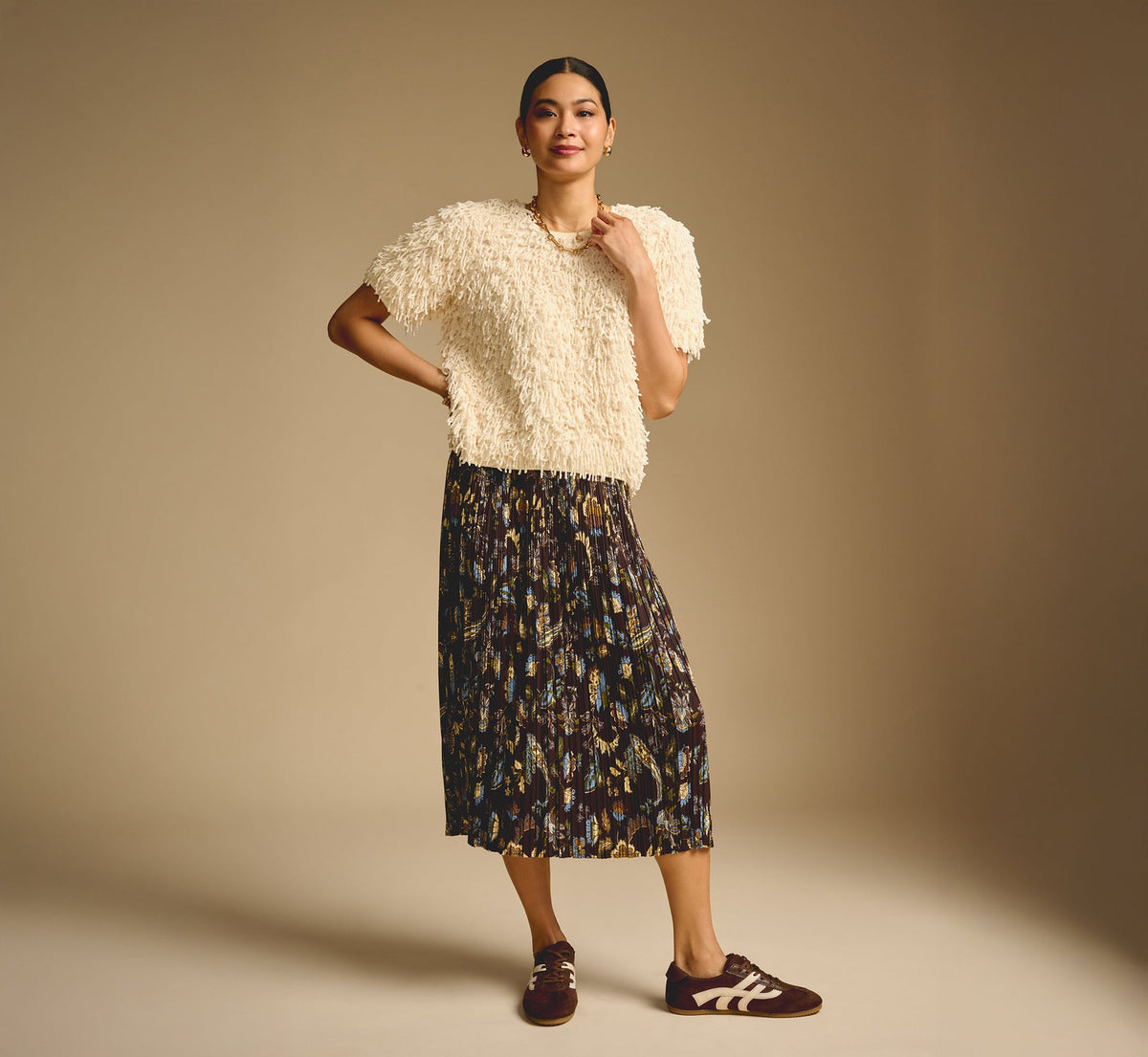 A Line Satin Waist Pleated Midi Skirt - Chocolate Paisley Vine | Adrianna Papell