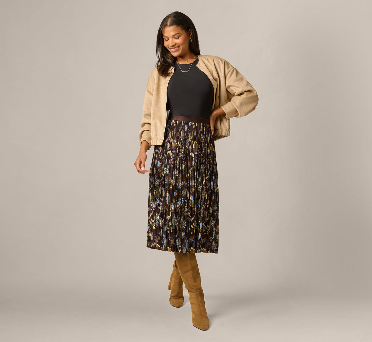 A Line Satin Waist Pleated Midi Skirt - Chocolate Paisley Vine | Adrianna Papell