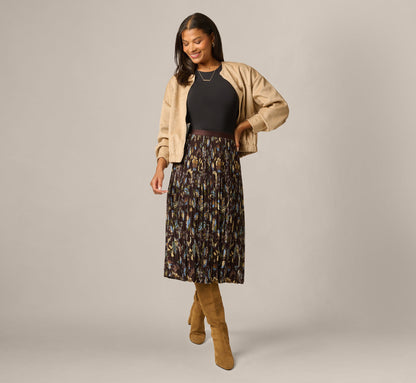 A Line Satin Waist Pleated Midi Skirt - Chocolate Paisley Vine | Adrianna Papell