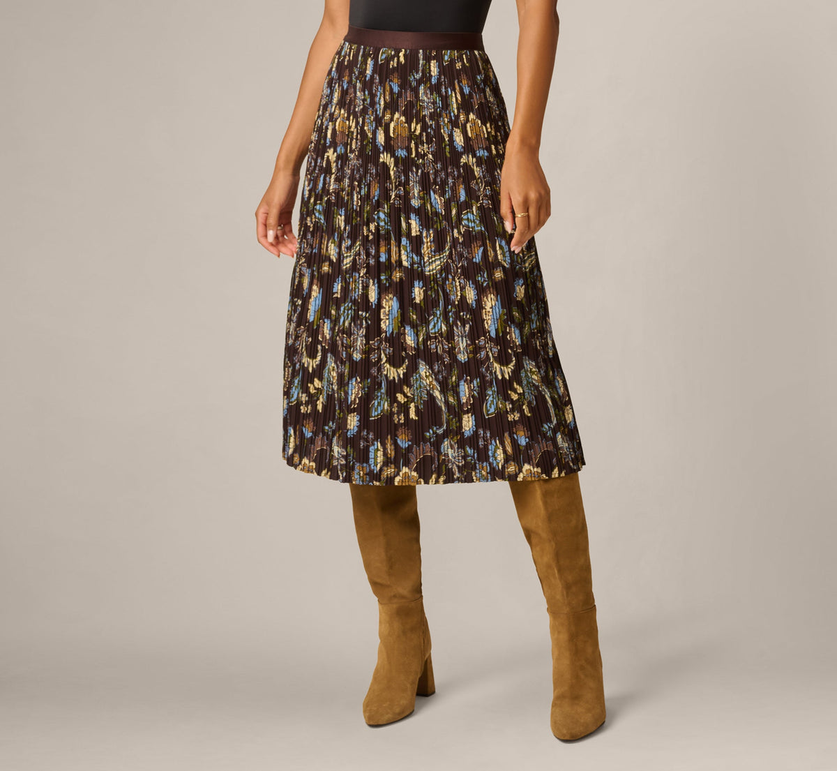 A Line Satin Waist Pleated Midi Skirt - Chocolate Paisley Vine | Adrianna Papell