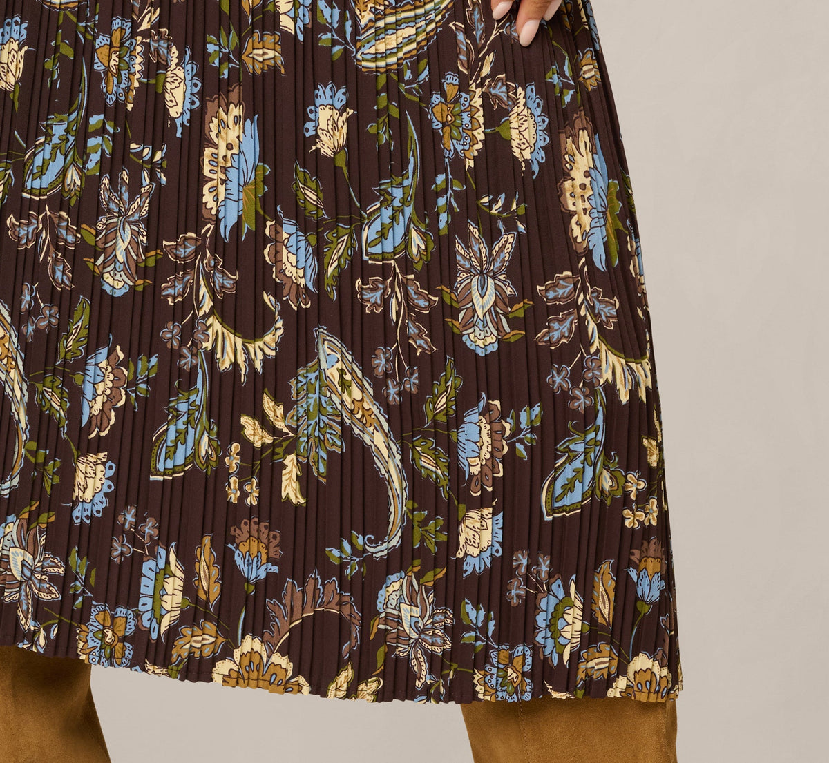 A Line Satin Waist Pleated Midi Skirt - Chocolate Paisley Vine | Adrianna Papell