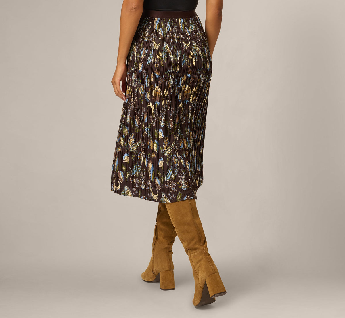 A Line Satin Waist Pleated Midi Skirt - Chocolate Paisley Vine | Adrianna Papell