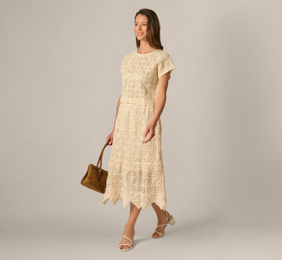 Crochet Knit Dagger Hem Midi Skirt - Cream | Adrianna Papell