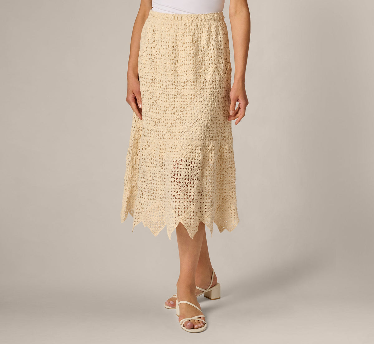 Crochet Knit Dagger Hem Midi Skirt - Cream | Adrianna Papell