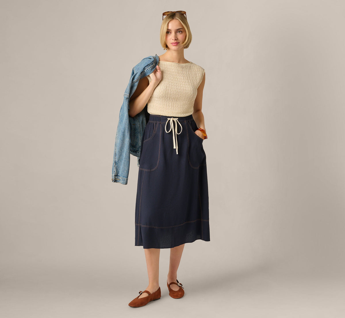 Drawstring Crinkle A Line Midi Skirt - Navy Khaki | Adrianna Papell