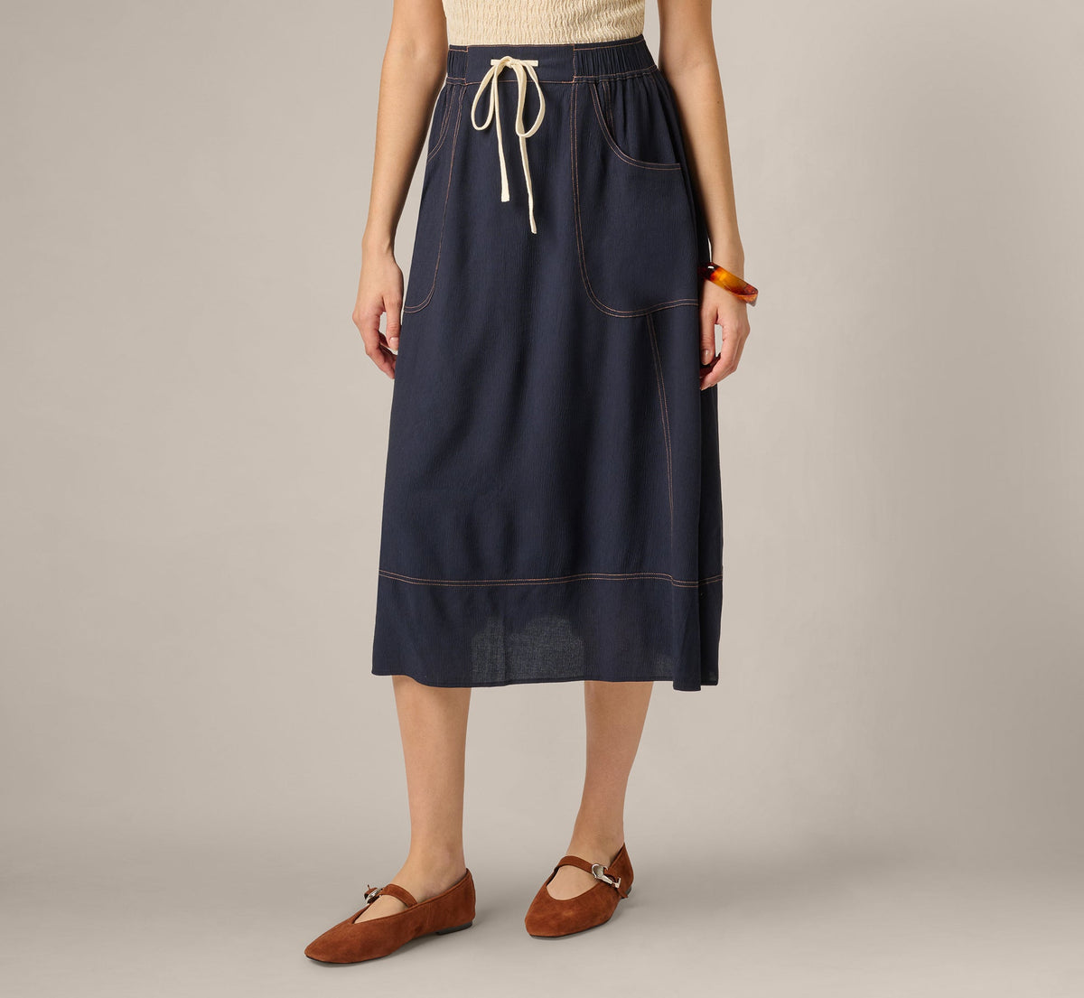 Drawstring Crinkle A Line Midi Skirt - Navy Khaki | Adrianna Papell