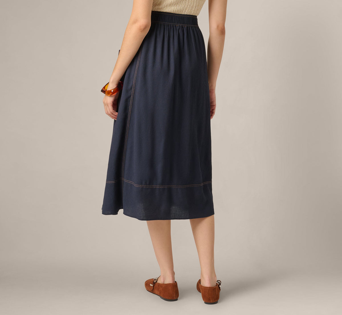 Drawstring Crinkle A Line Midi Skirt - Navy Khaki | Adrianna Papell