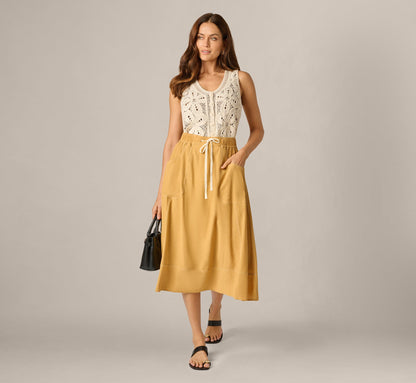 Drawstring Crinkle A Line Midi Skirt - Golden Maize Ivory | Adrianna Papell