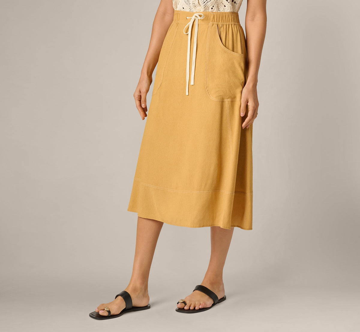 Drawstring Crinkle A Line Midi Skirt - Golden Maize Ivory | Adrianna Papell
