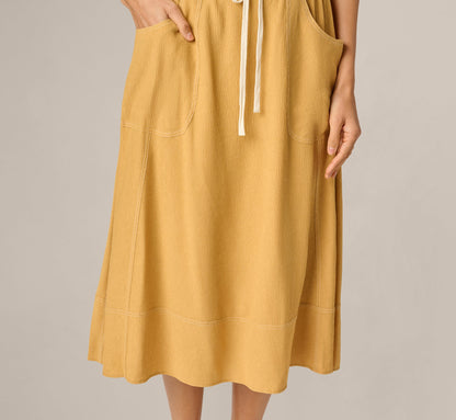 Drawstring Crinkle A Line Midi Skirt - Golden Maize Ivory | Adrianna Papell