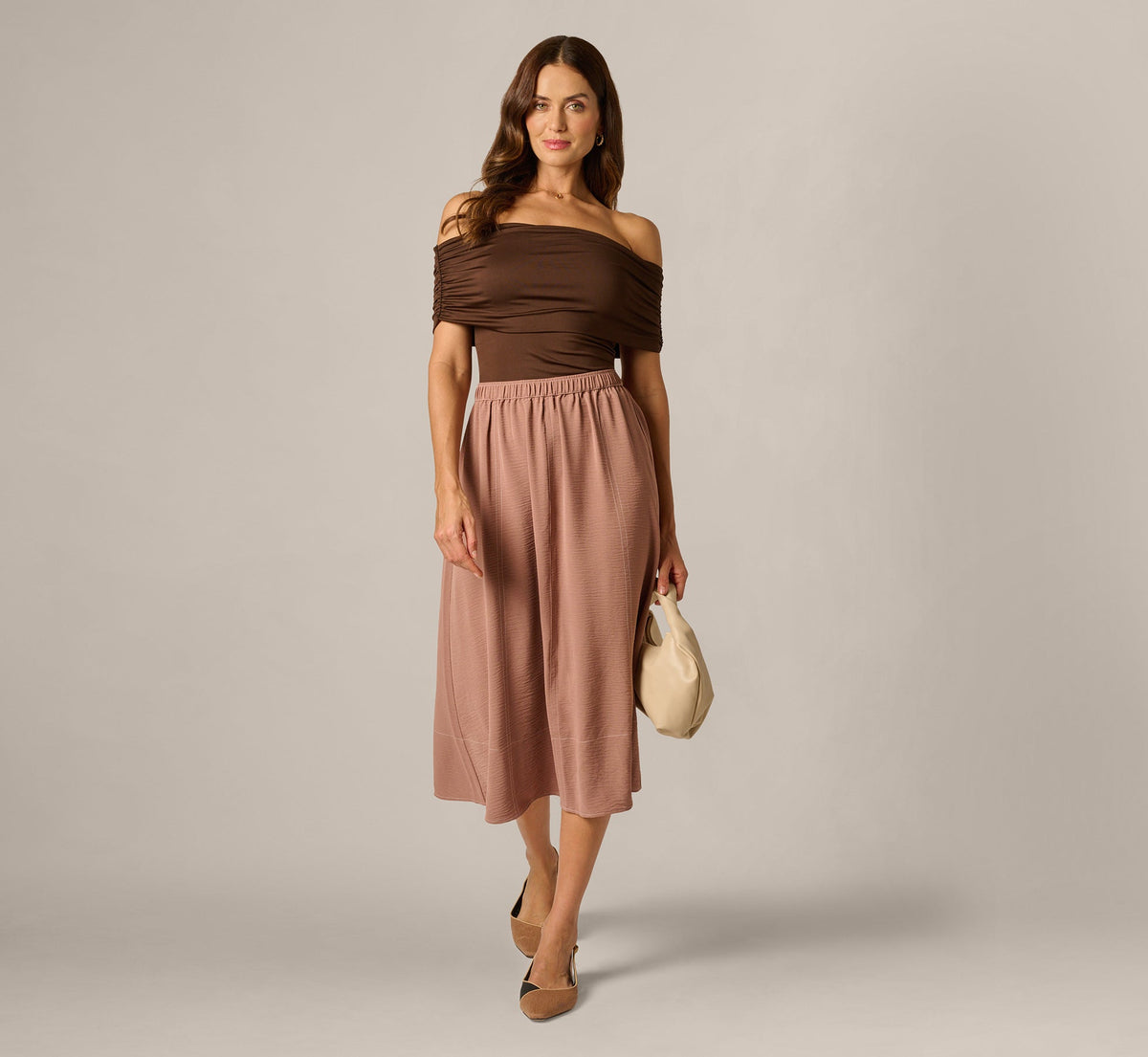 Airflow Topstitch A Line Midi Skirt - Chocolate Malt Cream | Adrianna Papell