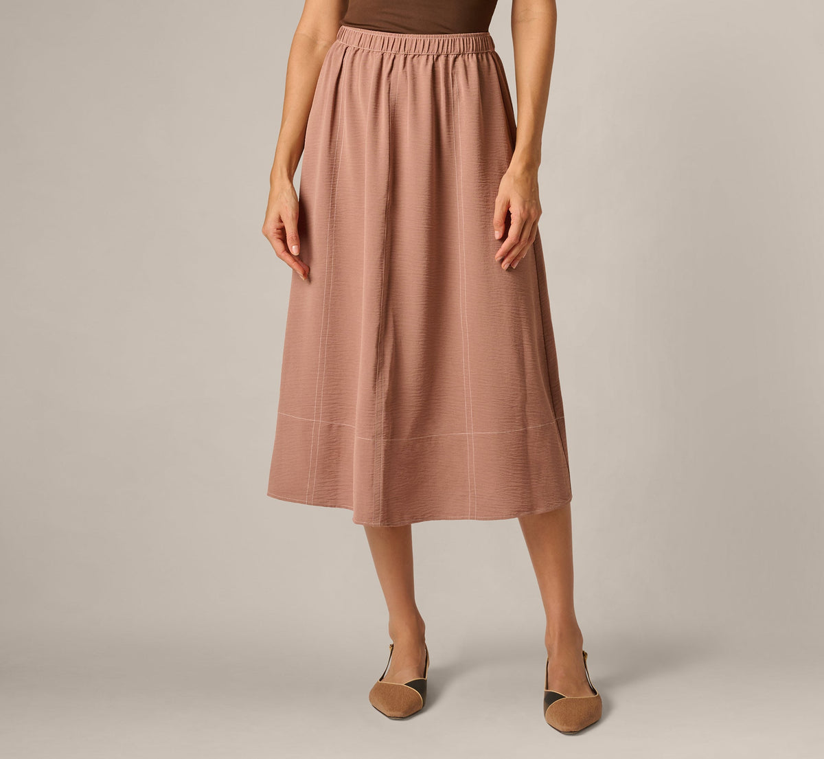 Airflow Topstitch A Line Midi Skirt - Chocolate Malt Cream | Adrianna Papell