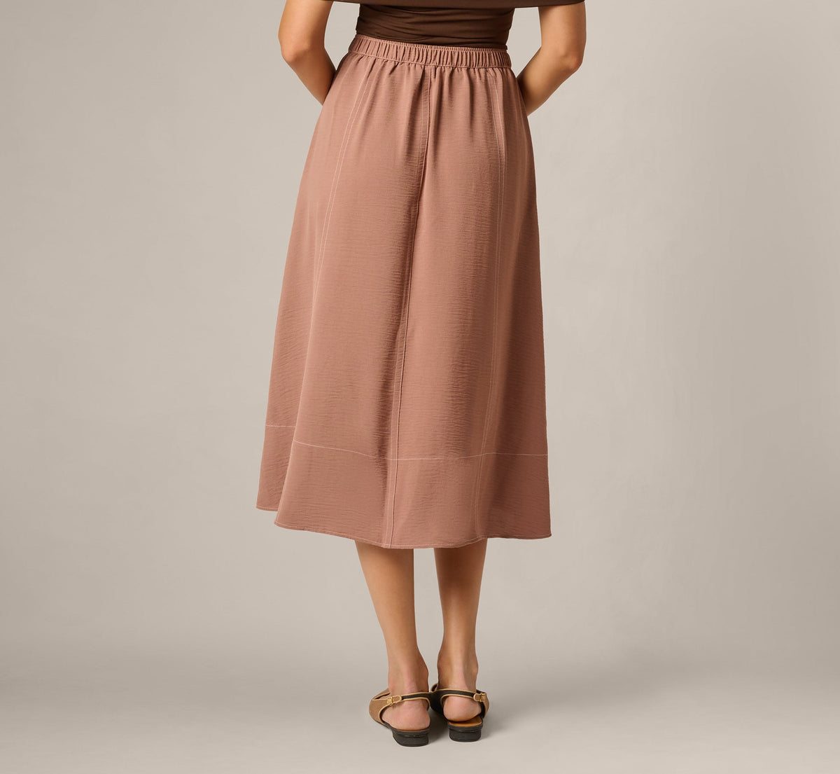 Airflow Topstitch A Line Midi Skirt - Chocolate Malt Cream | Adrianna Papell