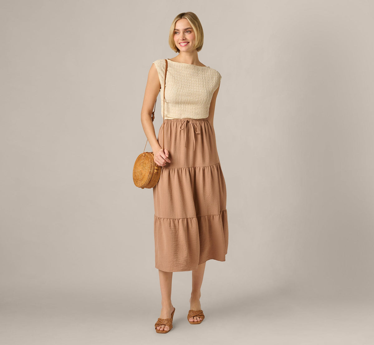 Tiered Drawstring Airflow Midi Skirt - Sinopia Fresco | Adrianna Papell