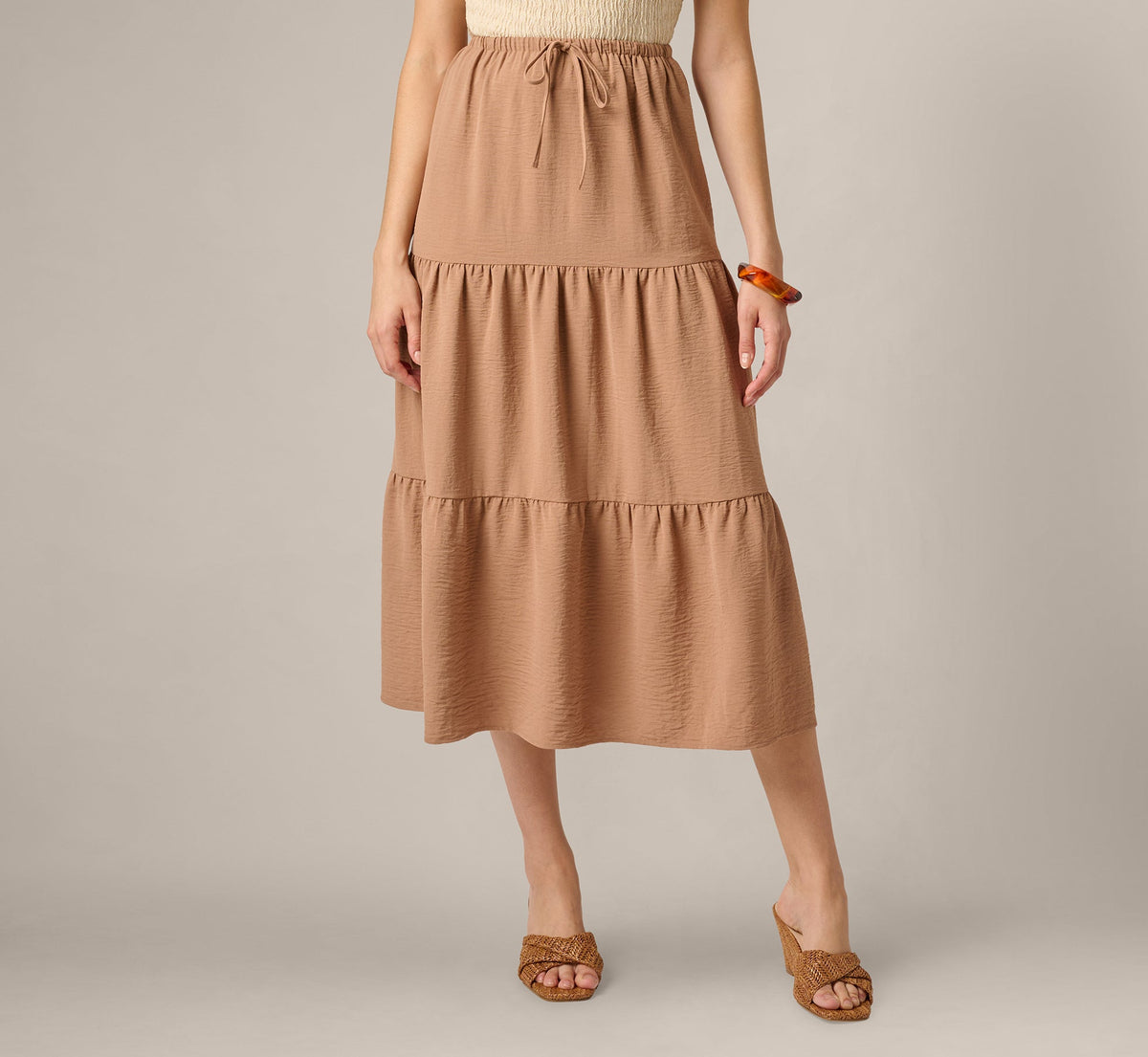 Tiered Drawstring Airflow Midi Skirt - Sinopia Fresco | Adrianna Papell