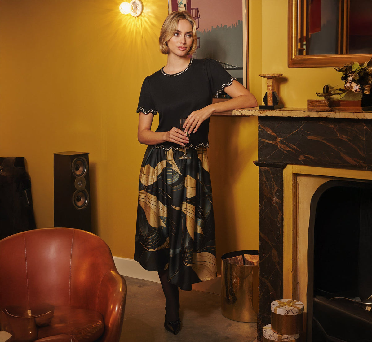 Gathered A Line Midi Skirt - Wavy Geo | Adrianna Papell
