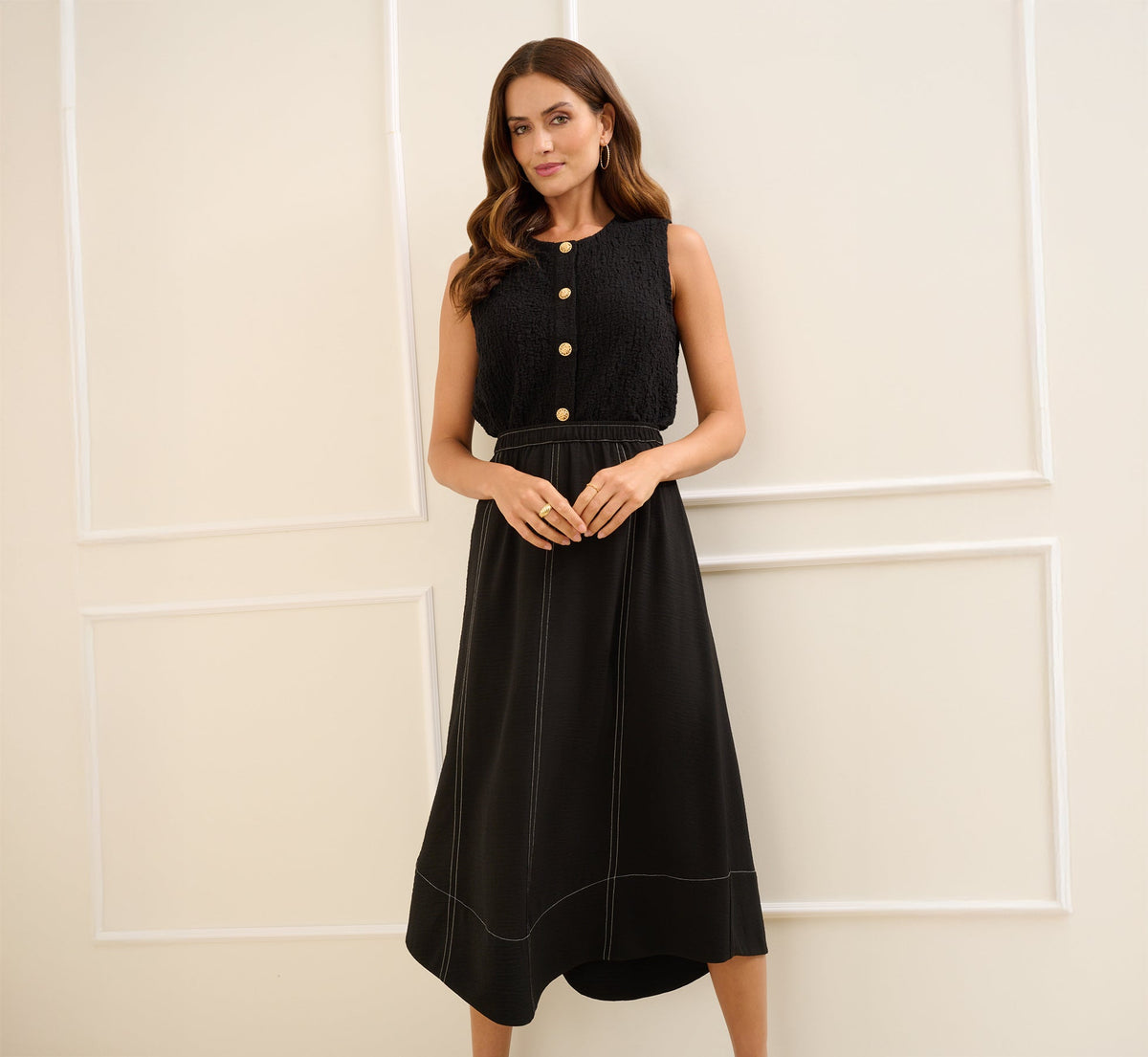 Contrast Stitching A Line Midi Skirt - Black Ivory | Adrianna Papell