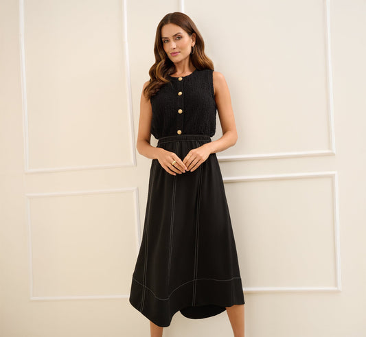 Contrast Stitching A Line Midi Skirt - Black Ivory | Adrianna Papell
