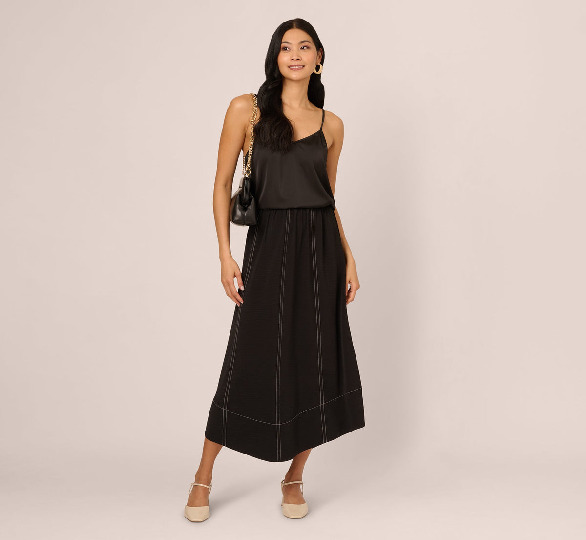 Contrast Stitching A Line Midi Skirt - Black Ivory | Adrianna Papell