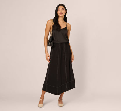 Contrast Stitching A Line Midi Skirt - Black Ivory | Adrianna Papell