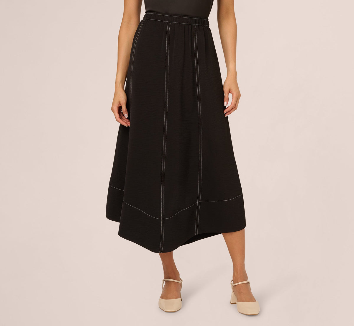 Contrast Stitching A Line Midi Skirt - Black Ivory | Adrianna Papell