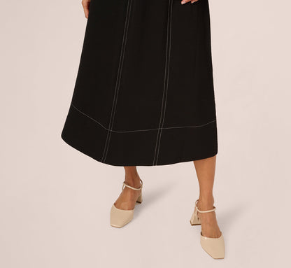 Contrast Stitching A Line Midi Skirt - Black Ivory | Adrianna Papell