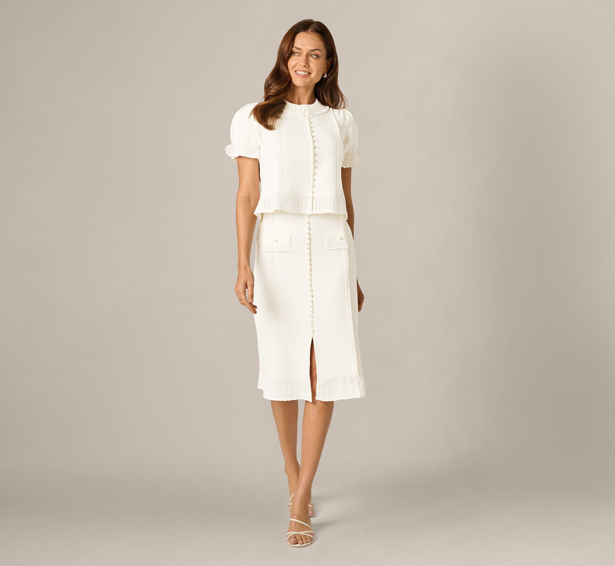 Puff Sleeve Pearly Trim Collared Sweater - Meringue | Adrianna Papell