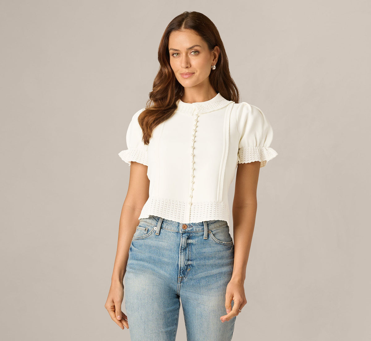Puff Sleeve Pearly Trim Collared Sweater - Meringue | Adrianna Papell