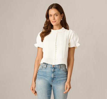 Puff Sleeve Pearly Trim Collared Sweater - Meringue | Adrianna Papell