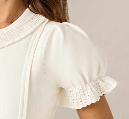 Puff Sleeve Pearly Trim Collared Sweater - Meringue | Adrianna Papell