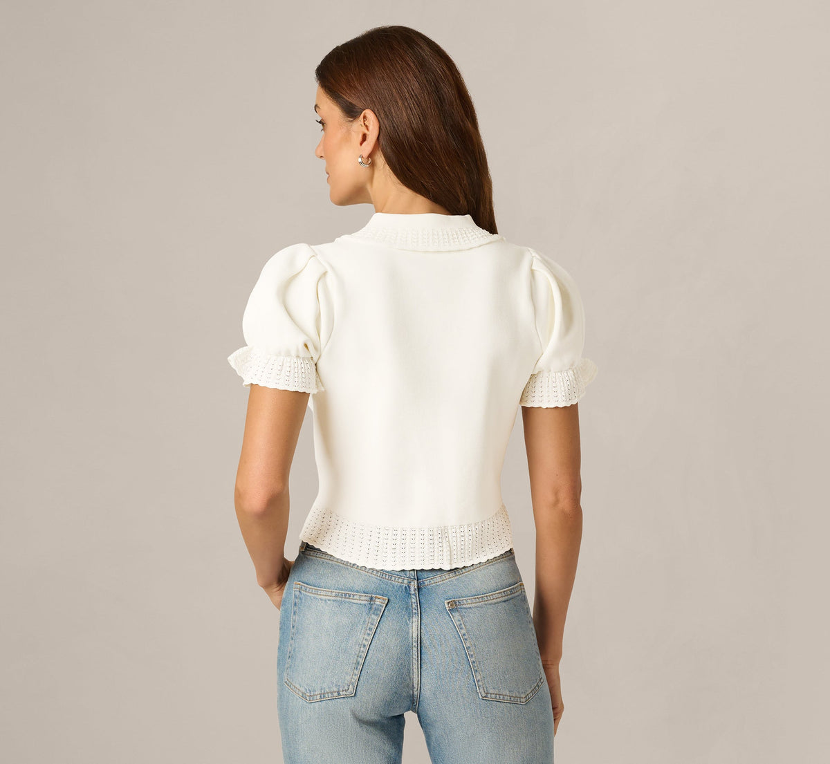 Puff Sleeve Pearly Trim Collared Sweater - Meringue | Adrianna Papell