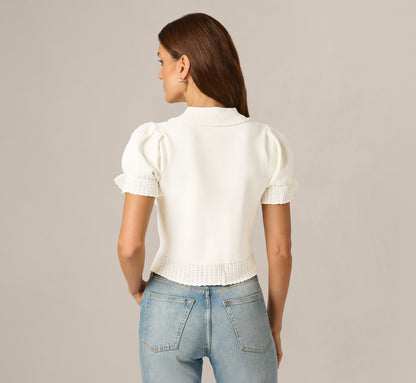Puff Sleeve Pearly Trim Collared Sweater - Meringue | Adrianna Papell