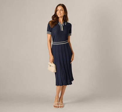 Short Sleeve Open Pointelle Knit Tipped Polo Top - Navy Ivory | Adrianna Papell