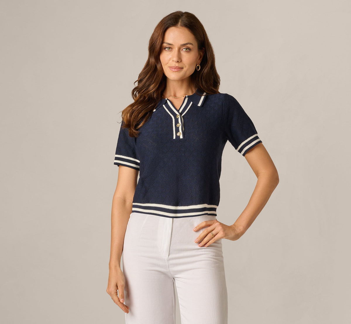Short Sleeve Open Pointelle Knit Tipped Polo Top - Navy Ivory | Adrianna Papell