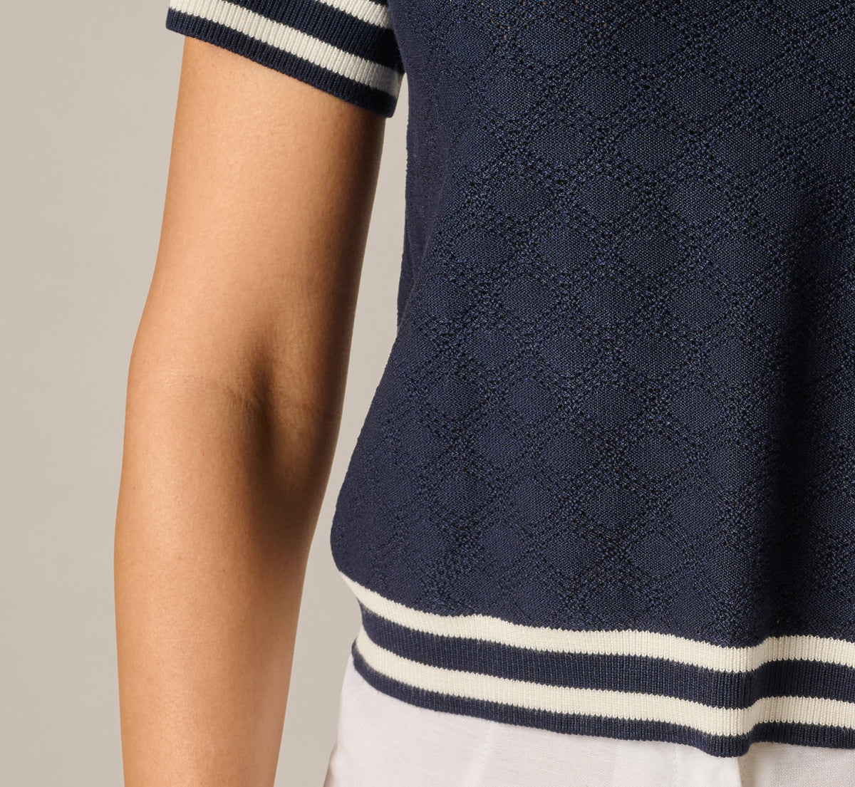 Short Sleeve Open Pointelle Knit Tipped Polo Top - Navy Ivory | Adrianna Papell