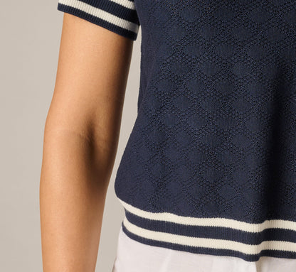 Short Sleeve Open Pointelle Knit Tipped Polo Top - Navy Ivory | Adrianna Papell